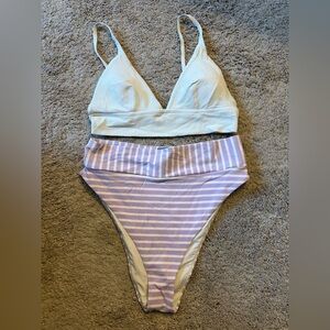 White and Purple Striped Bikini Set